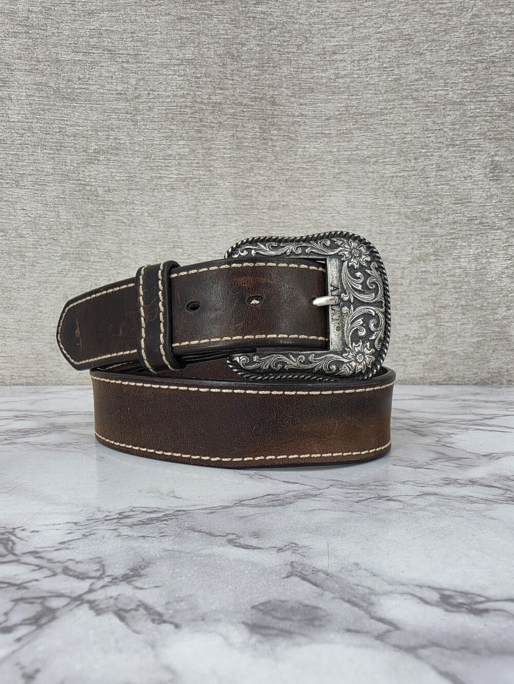 Ariat Y2K Brown Leather Western Belt Limited Edition Silver Tone Floral Buckle
